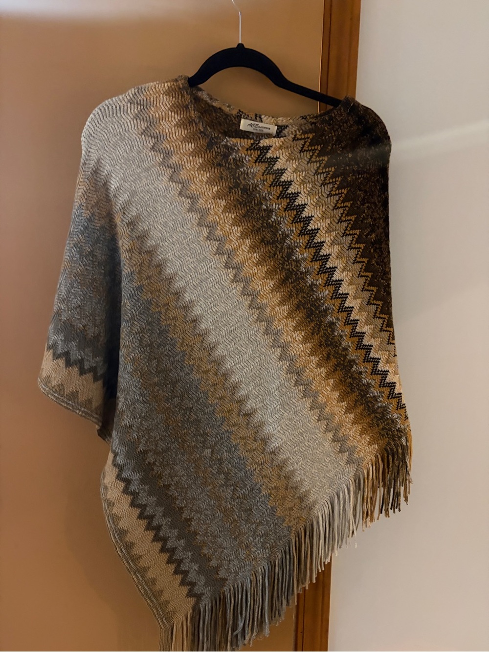 Chevron Fringe Poncho in Gray, Cream & Brown